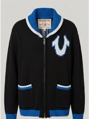 True Religion Mens Black & Blue Zip-Up intarsia cardigan